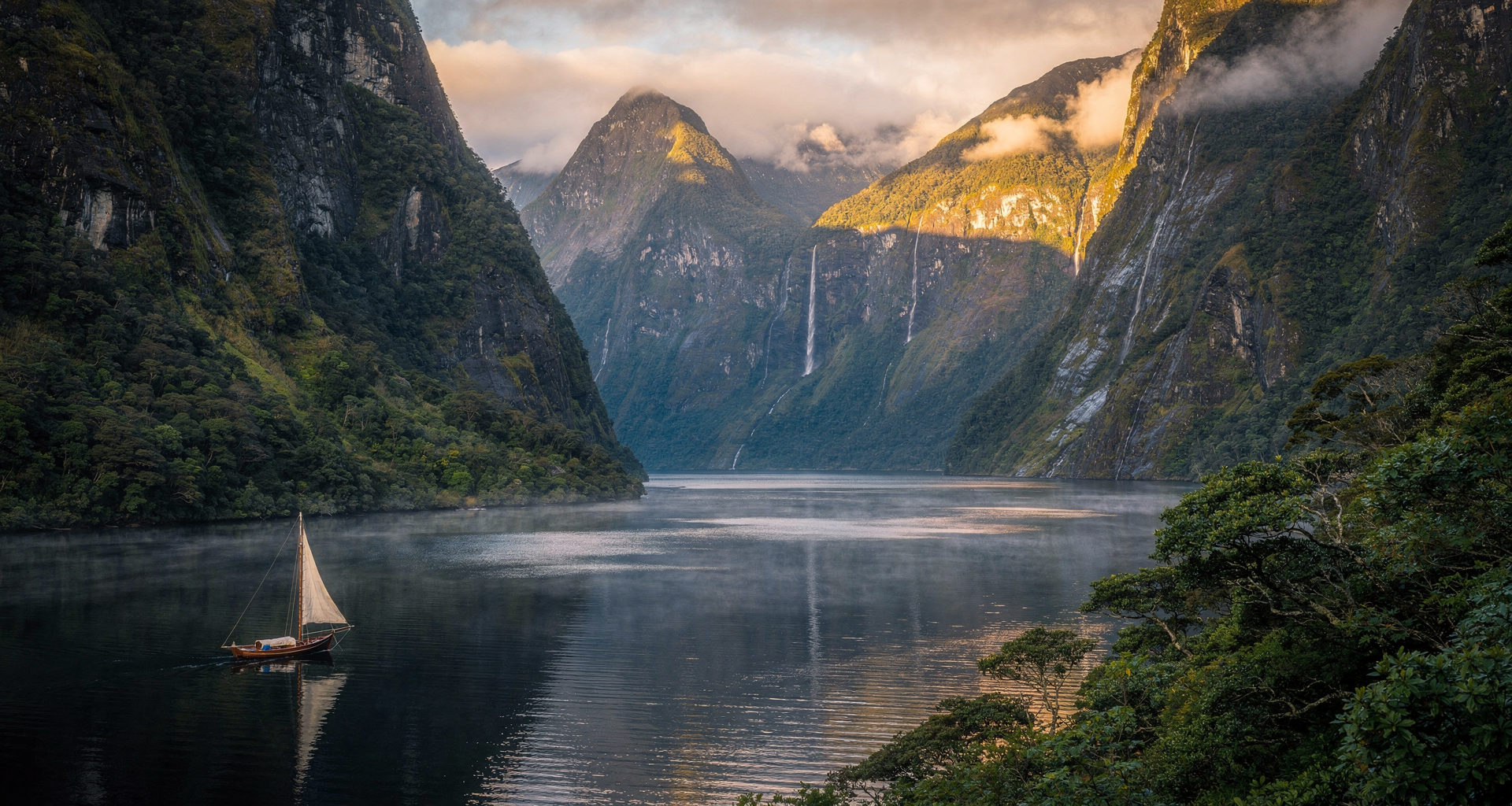 Waterfalls and mist in Milford Sound